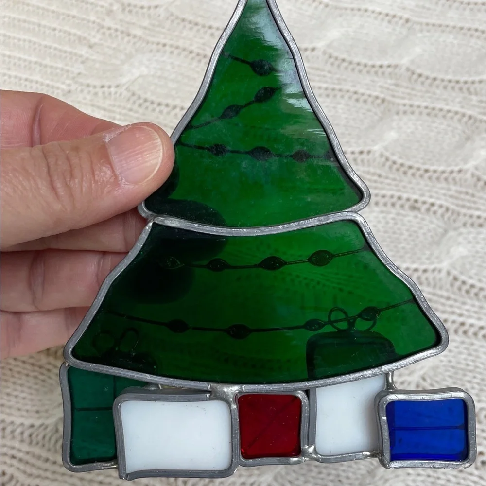 Stained Glass Christmas Tree Ornament w/ Gifts 4.75” H x 3.75” W good condition
